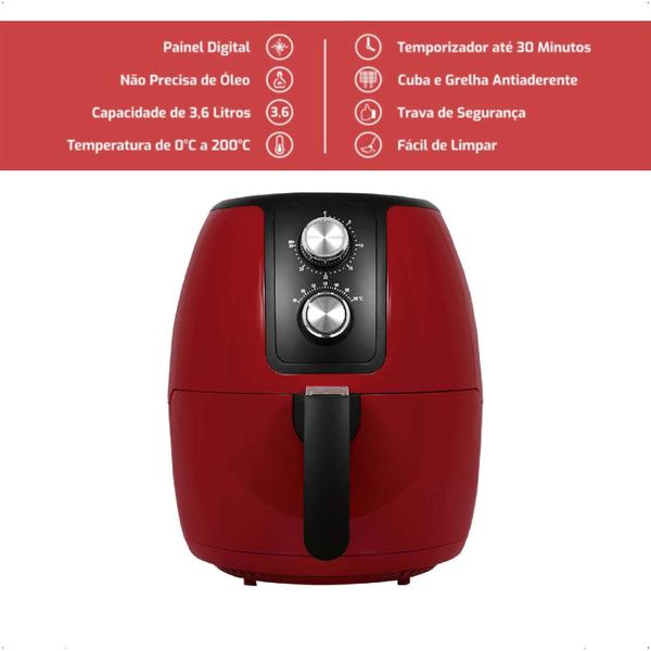 Imagem de Fritadeira Elétrica Vermelha Air Fryer Supremma 3,6L 1400W 127V Agratto - 11229