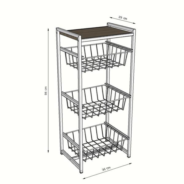 Imagem de Fruteira 3 Cestos Cozinha Branco Em Aço Base Mdf Amadeirado