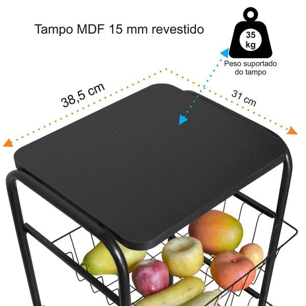 Imagem de Fruteira Capri De Chão Cozinha 3 Cestos Removiveis Preta