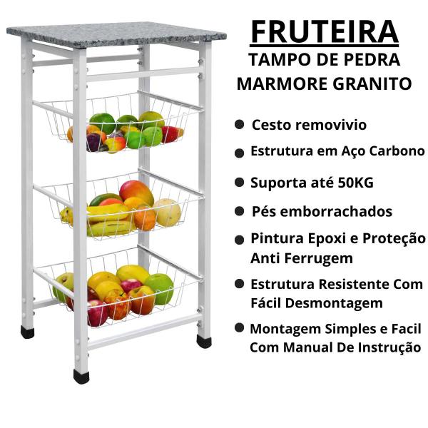 Imagem de Fruteira Chão Cozinha 3 Cestos Remóvives Aramado Com tampo de Pedra mármore Granito 