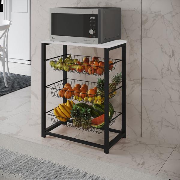 Fruteira com Suporte para Micro-ondas Barcelona Aço Preto Cesto Preto Tampo Branco - Up Home Imagem de Fruteira com Suporte para Micro-ondas Barcelona Aço Preto Cesto Preto Tampo Branco