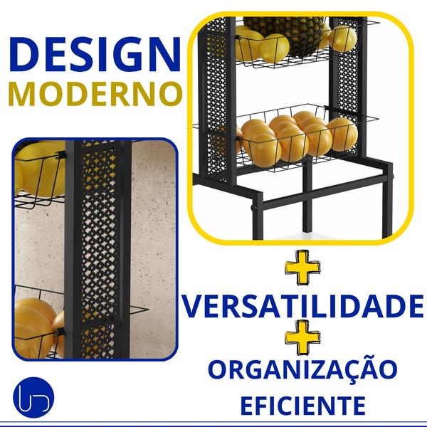 Imagem de Fruteira De Chão 2 Cestos Tampo Mdf Cozinha Estilo Industrial Organização Prática Design Robusto Moderno Para Frutas E Legumes, Utilika Distribuidora