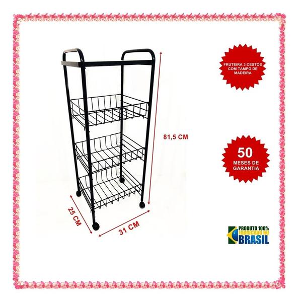 Fruteira de Chão 3 Andares Black c/ Rodinhas Tampo de Madeira - metaltru Imagem de Fruteira de Chão 3 Andares Black c/ Rodinhas Tampo de Madeira