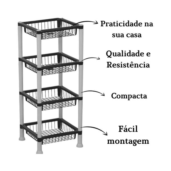 Imagem de Fruteira De Chão Cesto Empilhável 3 Andar Retangular Preto