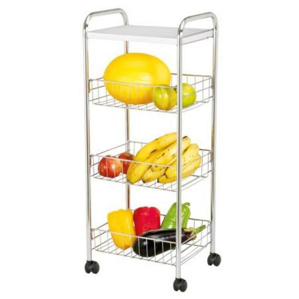 Fruteira de Chão com Rodas Tripla Cestos Cromado e Tampa de Madeira Organização Cozinha - Passerini Imagem de Fruteira de Chão com Rodas Tripla Cestos Cromado e Tampa de Madeira Organização Cozinha
