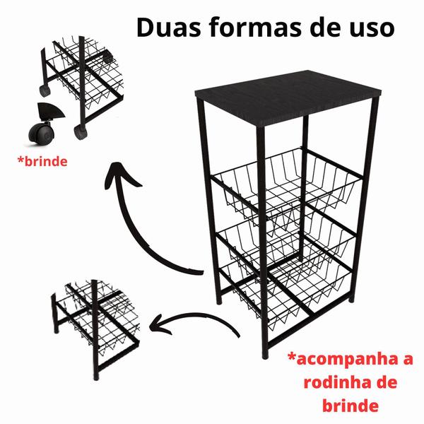 Imagem de Fruteira De Chão Cozinha Aço Mdf 3 Cestos Multiuso