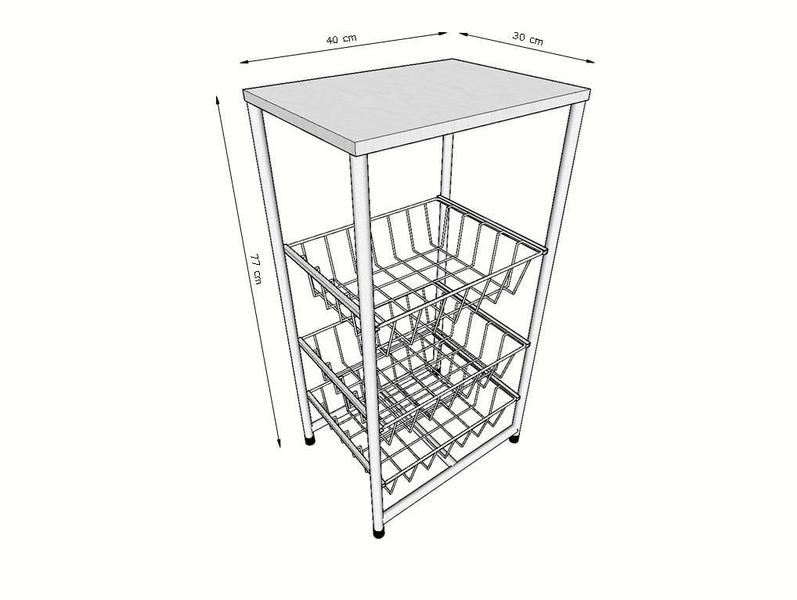 Imagem de Fruteira De Chão Cozinha Aço Mdf 3 Cestos Multiuso