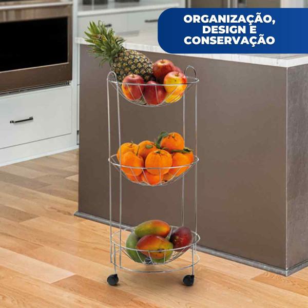 Imagem de Fruteira De Chão Cozinha Cesto de Fruta Organizadora Redonda 3 Módulos Rodinha Aramado Cromada Arthi