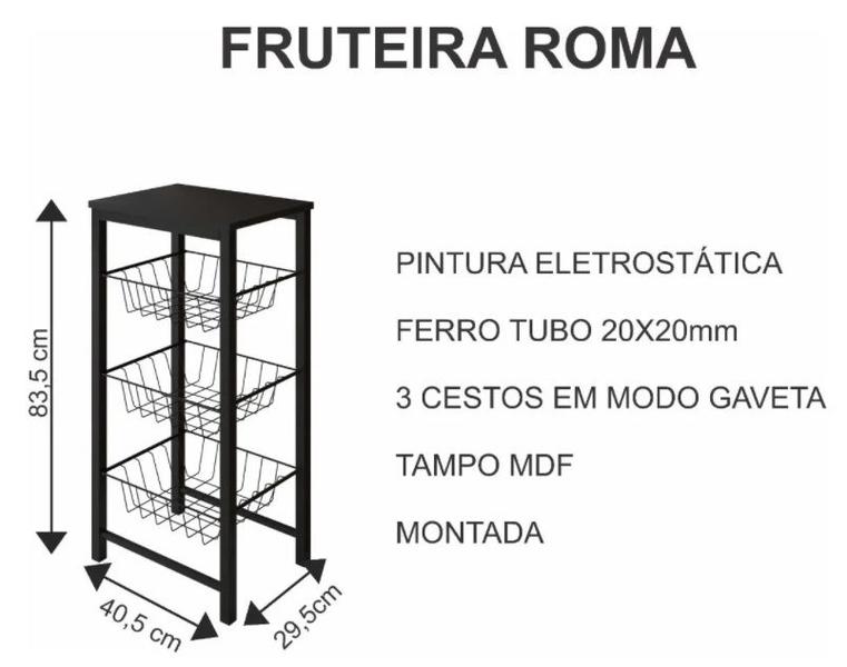 Imagem de Fruteira de Chão Cozinha Montada Aço Branco Tampo Preto Cesto Cobre Roma