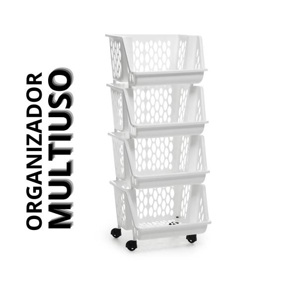 Fruteira de Chão Organizador c/ Rodinhas 4 Andares Branco - Giotto Imagem de Fruteira de Chão Organizador c/ Rodinhas 4 Andares Branco