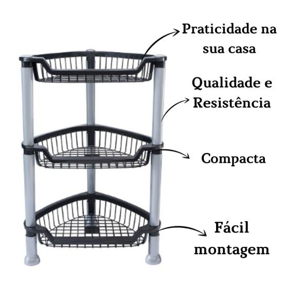 Imagem de Fruteira de Chão Plástica de Canto Suporte 3 Cesto Organizador Multiuso