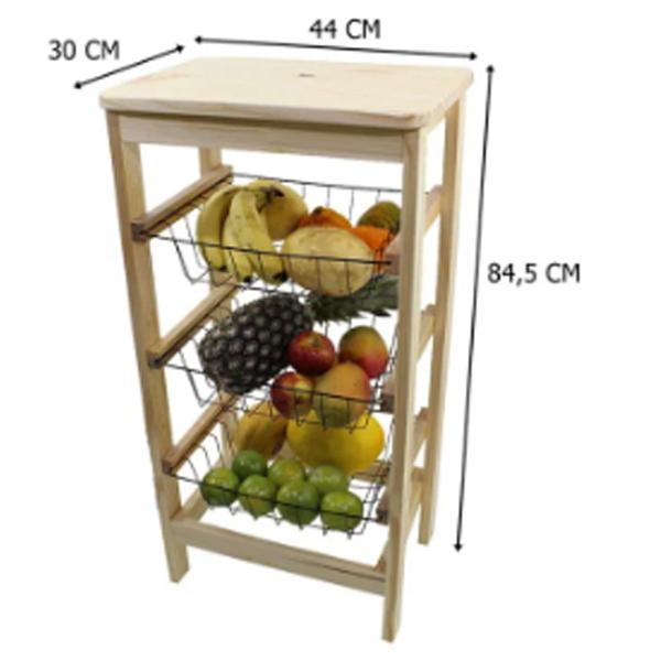 Imagem de Fruteira De Chão Pra Cozinha Com Tampo De Madeira 3 Cestos Multiuso Porta Frutas