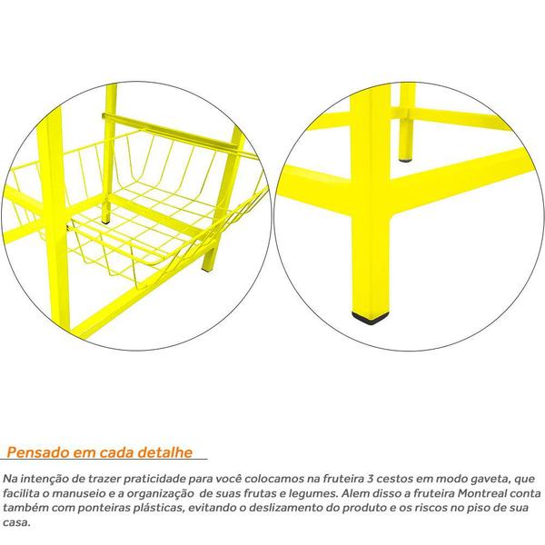 Imagem de Fruteira De Cozinha De Chão Montreal Em Aço E Mdf 3 Cestos Amarelo e Branco