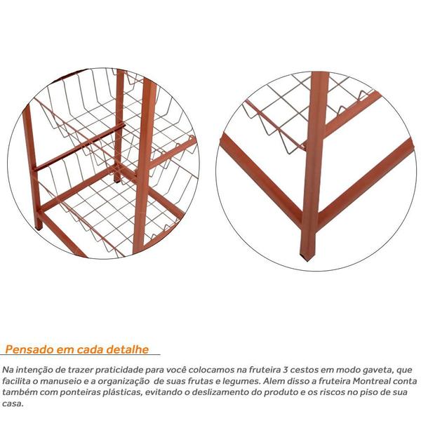 Imagem de Fruteira De Cozinha De Chão Montreal Em Aço E Mdf 3 Cestos Cobre e Jade