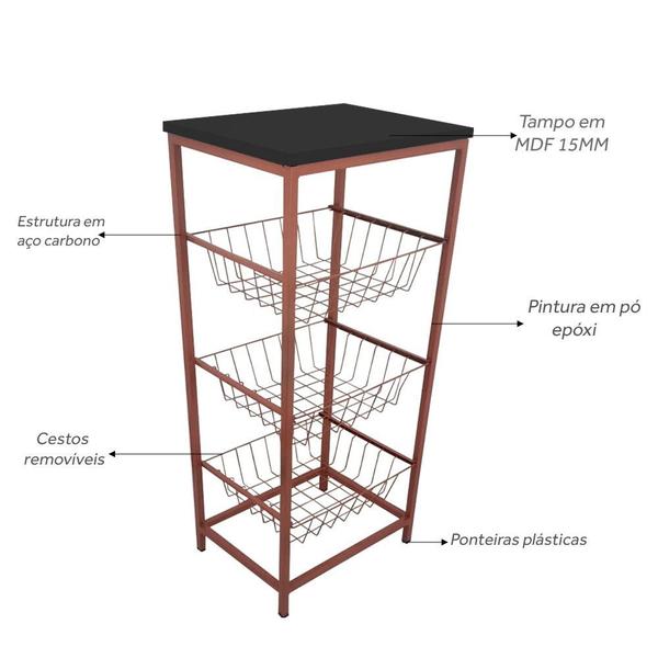 Fruteira De Cozinha De Chão Montreal Em Aço E Mdf 3 Cestos Cobre e Preto - Genus Móveis Imagem de Fruteira De Cozinha De Chão Montreal Em Aço E Mdf 3 Cestos Cobre e Preto