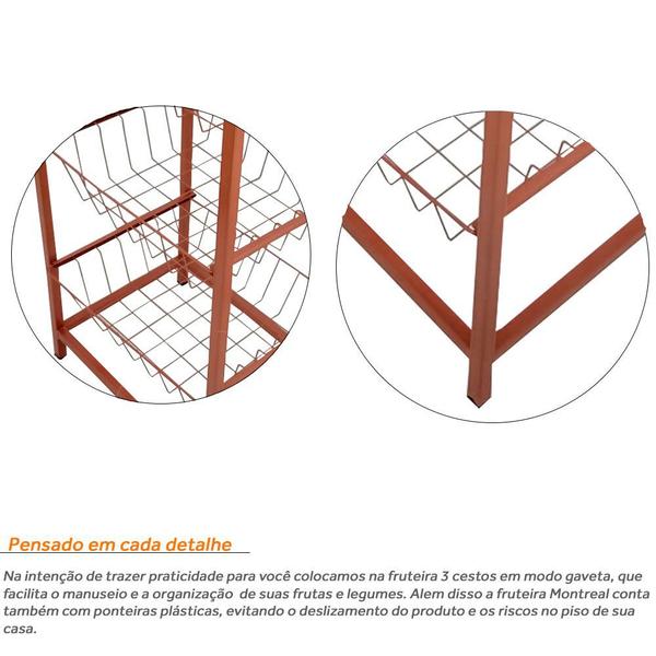 Fruteira De Cozinha De Chão Montreal Em Aço E Mdf 3 Cestos Cobre e Preto - Genus Móveis Imagem de Fruteira De Cozinha De Chão Montreal Em Aço E Mdf 3 Cestos Cobre e Preto