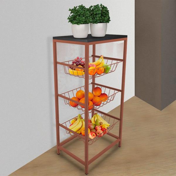 Fruteira De Cozinha De Chão Montreal Em Aço E Mdf 3 Cestos Cobre e Preto - Genus Móveis Imagem de Fruteira De Cozinha De Chão Montreal Em Aço E Mdf 3 Cestos Cobre e Preto