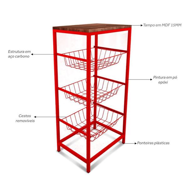 Fruteira De Cozinha De Chão Montreal Em Aço E Mdf 3 Cestos - Genus Móveis Imagem de Fruteira De Cozinha De Chão Montreal Em Aço E Mdf 3 Cestos