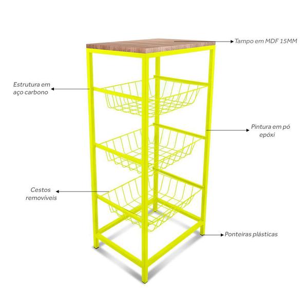 Fruteira De Cozinha De Chão Montreal Em Aço E Mdf 3 Cestos - Genus Móveis Imagem de Fruteira De Cozinha De Chão Montreal Em Aço E Mdf 3 Cestos