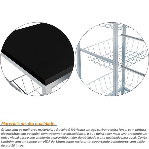 Imagem de Fruteira De Cozinha De Chão Montreal Em Aço E Mdf 3 Cestos Prata e Preto