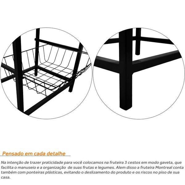 Imagem de Fruteira De Cozinha De Chão Montreal Em Aço E Mdf 3 Cestos Preto e Branco