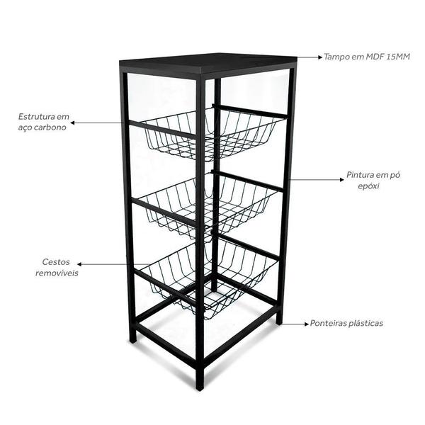 Fruteira De Cozinha De Chão Montreal Em Aço E Mdf 3 Cestos Preto e Preto - Genus Móveis Imagem de Fruteira De Cozinha De Chão Montreal Em Aço E Mdf 3 Cestos Preto e Preto