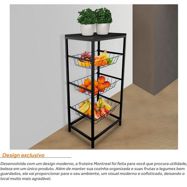 Fruteira De Cozinha De Chão Montreal Em Aço E Mdf 3 Cestos Preto e Preto - Genus Móveis Imagem de Fruteira De Cozinha De Chão Montreal Em Aço E Mdf 3 Cestos Preto e Preto