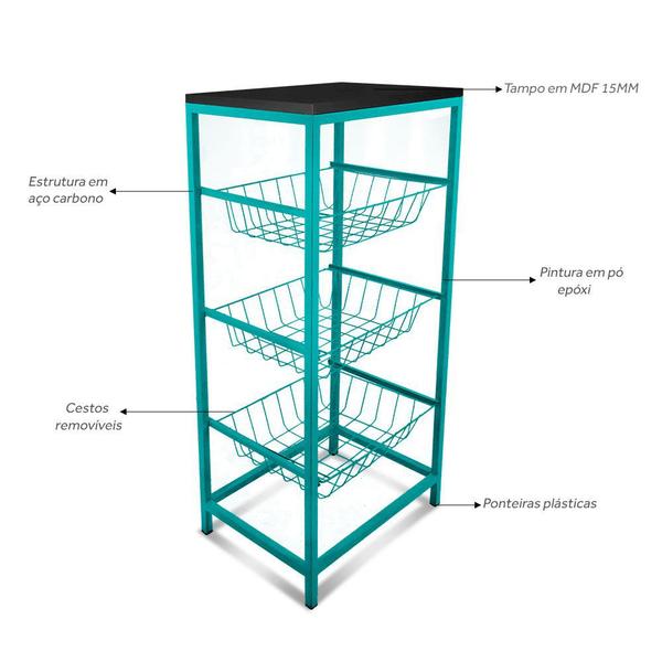 Imagem de Fruteira De Cozinha De Chão Montreal Em Aço E Mdf 3 Cestos Verde e Preto
