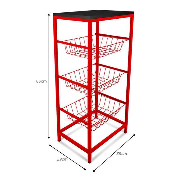 Fruteira De Cozinha De Chão Montreal Em Aço E Mdf 3 Cestos Vermelha e Preto - Genus Móveis Imagem de Fruteira De Cozinha De Chão Montreal Em Aço E Mdf 3 Cestos Vermelha e Preto