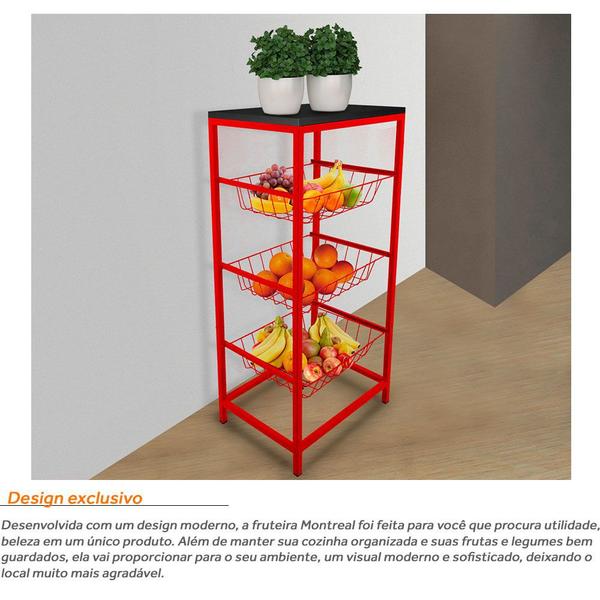 Fruteira De Cozinha De Chão Montreal Em Aço E Mdf 3 Cestos Vermelha e Preto - Genus Móveis Imagem de Fruteira De Cozinha De Chão Montreal Em Aço E Mdf 3 Cestos Vermelha e Preto