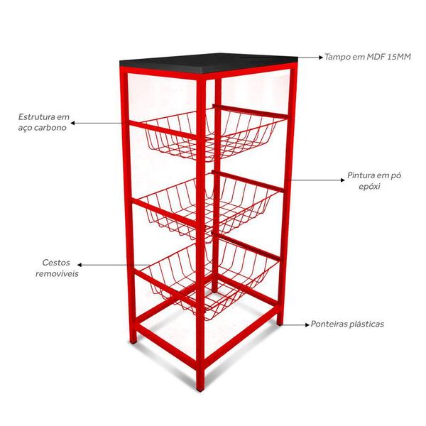 Fruteira De Cozinha De Chão Montreal Em Aço E Mdf 3 Cestos Vermelha e Preto - Genus Móveis Imagem de Fruteira De Cozinha De Chão Montreal Em Aço E Mdf 3 Cestos Vermelha e Preto