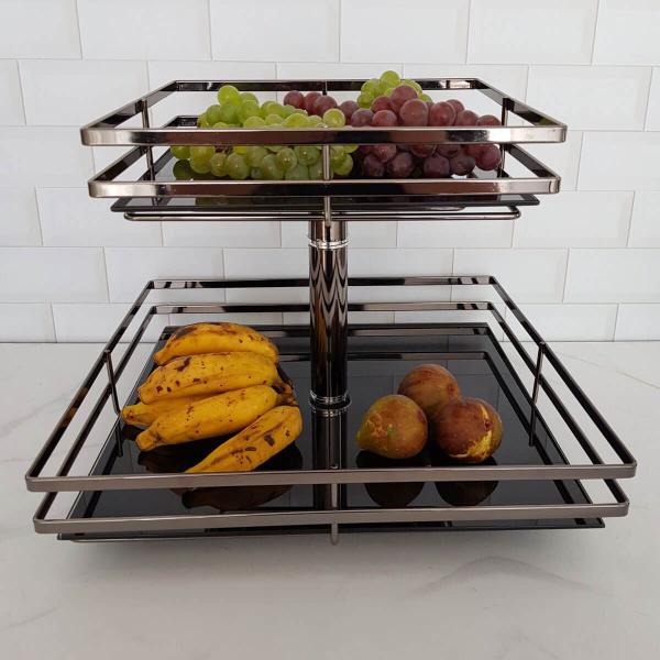 Fruteira de Mesa Aramada Giratória Quadrada com Prateleiras de Vidro Giosul Onix Imagem de Fruteira de Mesa Aramada Giratória Quadrada com Prateleiras de Vidro Giosul Onix