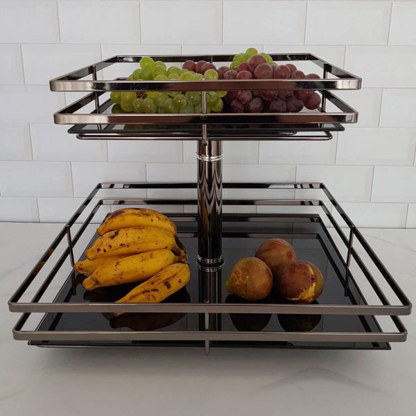 Fruteira de Mesa Aramada Giratória Quadrada com Prateleiras de Vidro Giosul Onix Imagem de Fruteira de Mesa Aramada Giratória Quadrada com Prateleiras de Vidro Giosul Onix