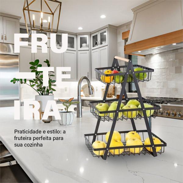 Imagem de Fruteira de Mesa Média Premium Cesta Frutas de Mesa 33cm Altura Aramado 2 Andares Organizador Multiuso