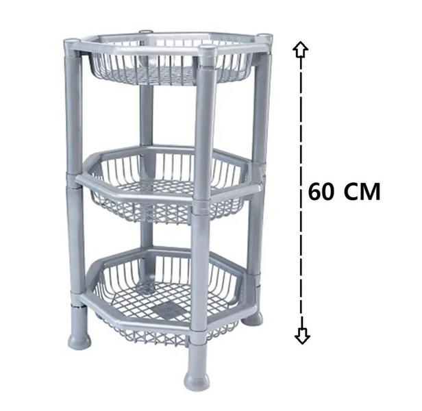 Fruteira De Plástico Para Piso Oitavada Com 3 Andares Cinza - Plastnew Imagem de Fruteira De Plástico Para Piso Oitavada Com 3 Andares Cinza