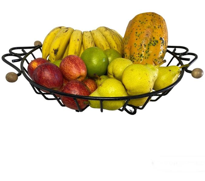 Imagem de Fruteira Redonda De Mesa 49 cm Enfeite De Cozinha Artesanal Ferro E Madeira