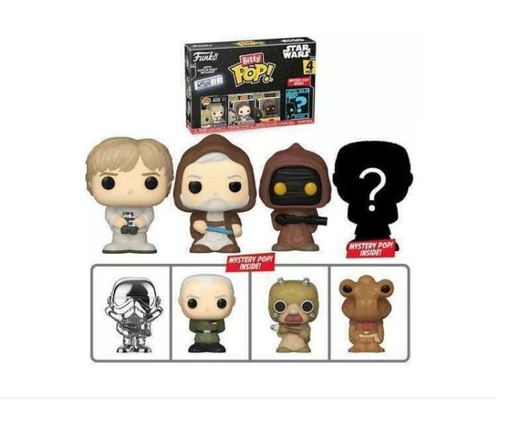 Funko Bitty Pop Luke Skywalker, Obi Wan, Jawa e Surpresa Imagem de Funko Bitty Pop Luke Skywalker, Obi Wan, Jawa e Surpresa