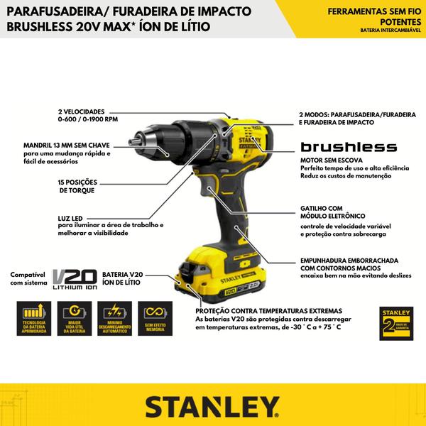 Furadeira 20v Stanley Sbd715d2k-br Com Maleta E Torque 60nm