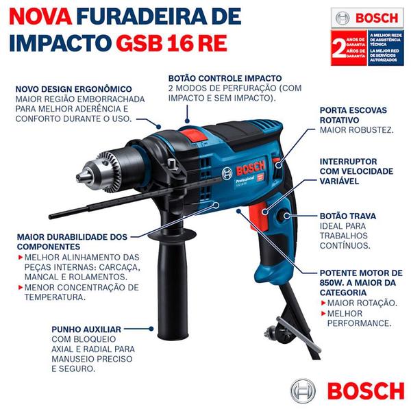 Imagem de Furadeira de Impacto 1/2 Pol 850W GSB16RE com Maleta Bosch