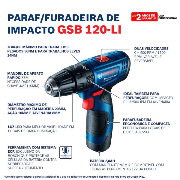 Imagem de Furadeira de Impacto Bosch GSB 120-LI 3/8" à Bateria