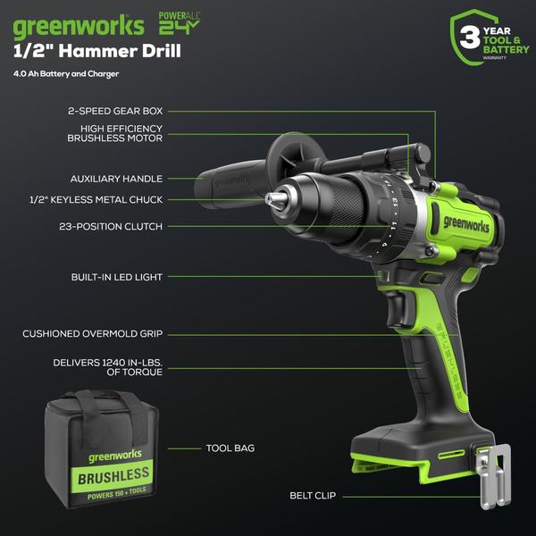 Imagem de Furadeira de Impacto Greenworks 24V sem Escova - 1/2" com Bateria de 4Ah