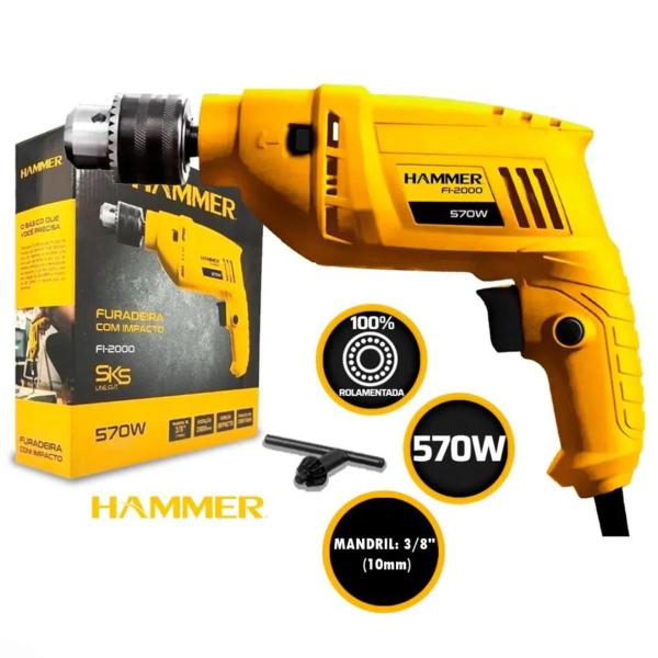 Imagem de Furadeira de Impacto Hammer 3/8 10mm 570w 2800rpm Concreto e Madeira Elétrica Gyfi2000 127v