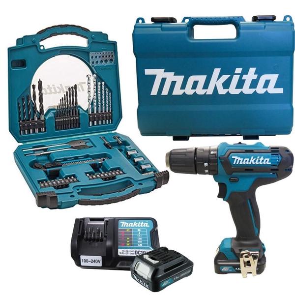 Imagem de Furadeira Impacto Parafusadeira 2 Bat 12v Makita Hp331 Dwye Bivolt e Jogo De Brocas Bits 50 Pcs D-42014