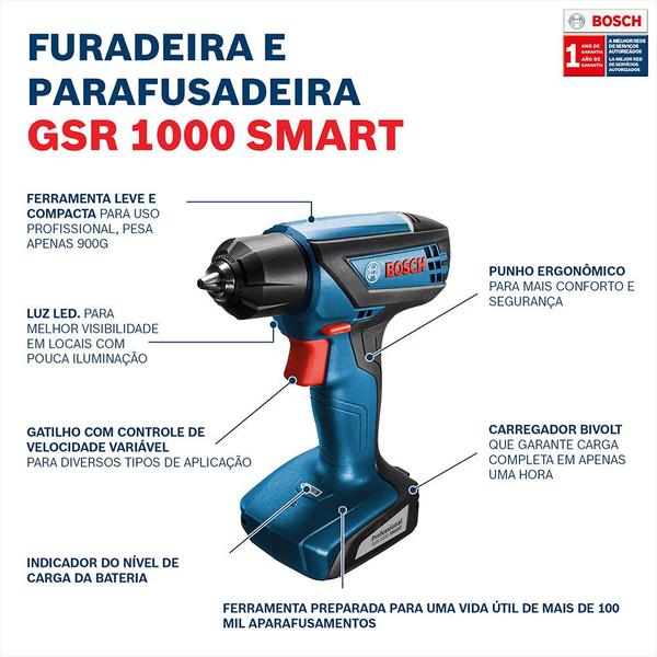 Imagem de Furadeira Parafusadeira 1/4" a bateria 12 volts com luz led - GSR 1000 Smart - Bosch