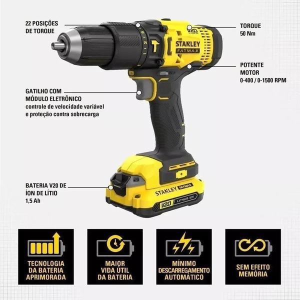 Imagem de Furadeira Parafusadeira 2 Baterias 20v Scd711c2k + Lixadeira Roto Orbital + Bateria Extra 4ah Stanley