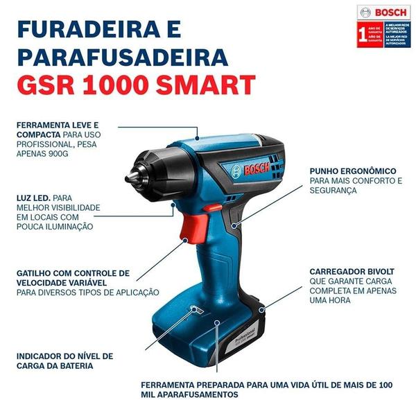 Imagem de Furadeira/Parafusadeira Bosch GSR 1000 Smart 12V Bivolt Bateria Maleta Bits