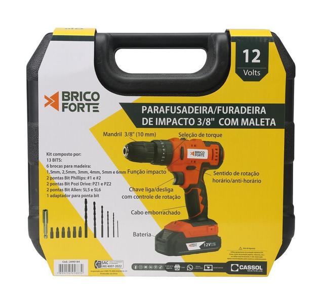 Imagem de Furadeira Parafusadeira com Martelete 12v 3/8" Laranja Bivolt com Maleta Brico Forte