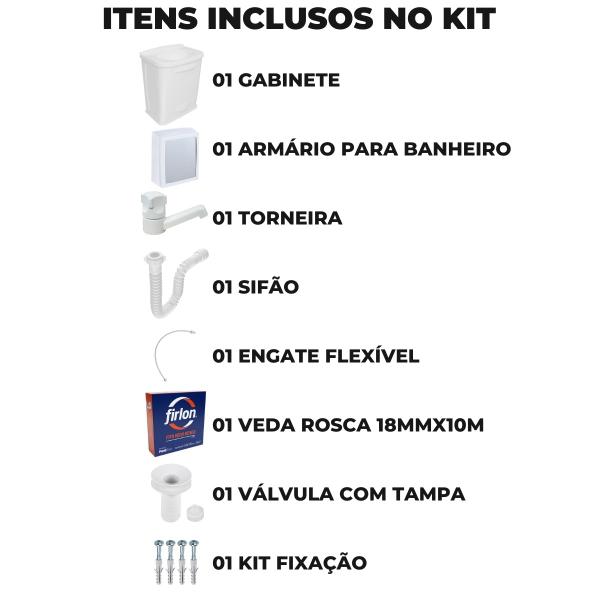 Imagem de Gabinete 2 Portas Suspenso Para Banheiro Com Lavatório + Armário +  Torneira + Engate Flexível + Fita Veda Rosca