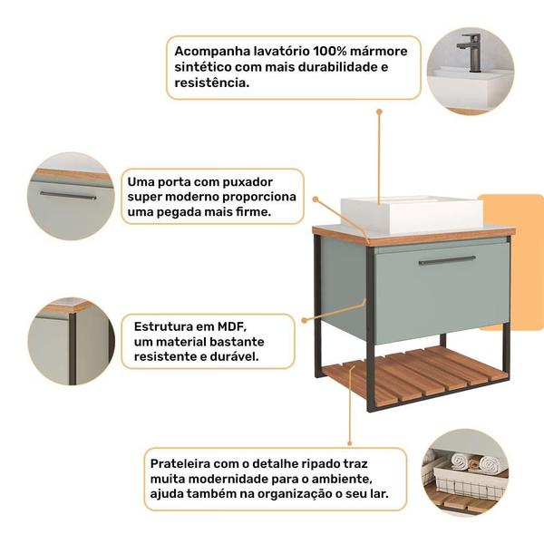 Imagem de Gabinete Banheiro com Cuba 1 Porta Basculante 60 cm Caribe MGM Pistache