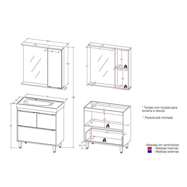 Imagem de Gabinete Banheiro com Cuba e Espelheira Multimóveis CR10061 Branco/Legno Crema